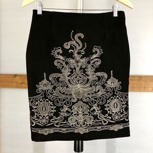 SWEEWE PARIS Black Gold Embroidery Lined Pencil Skirt Sz S‎